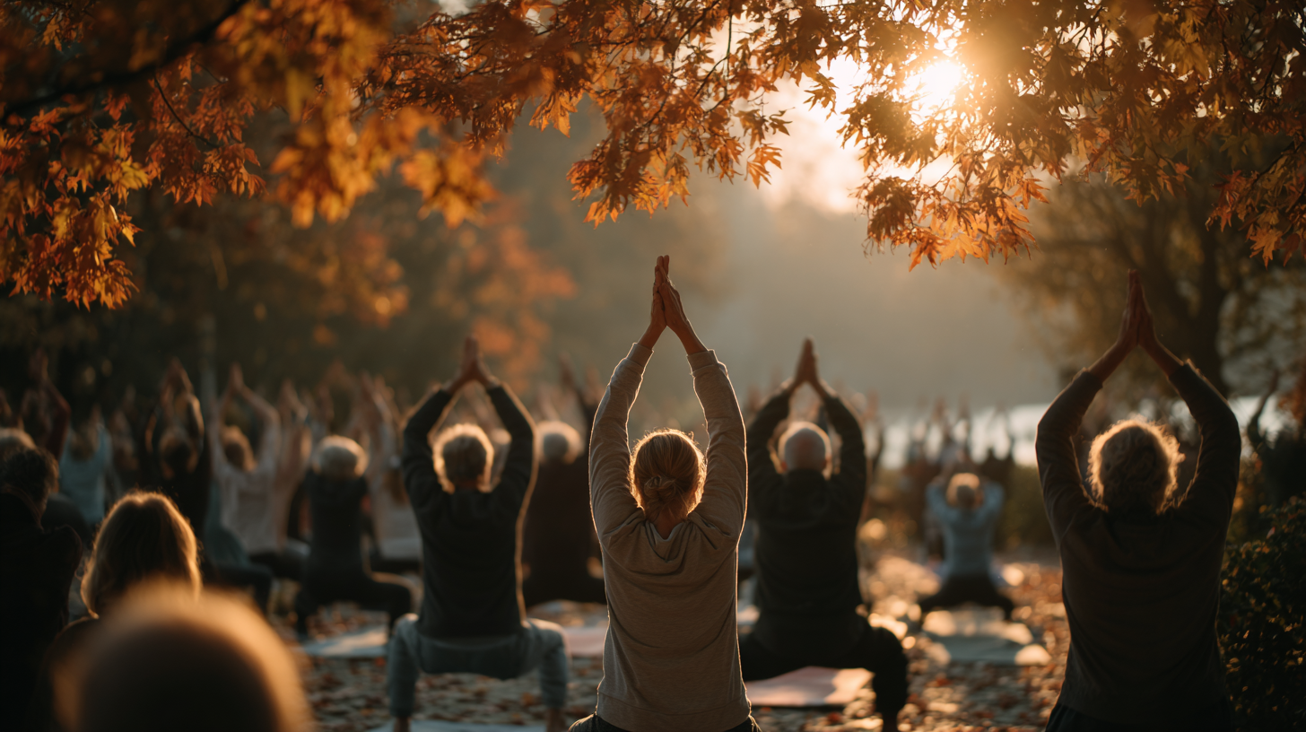 Група старших людей практикує йогу на свіжому повітрі в парку