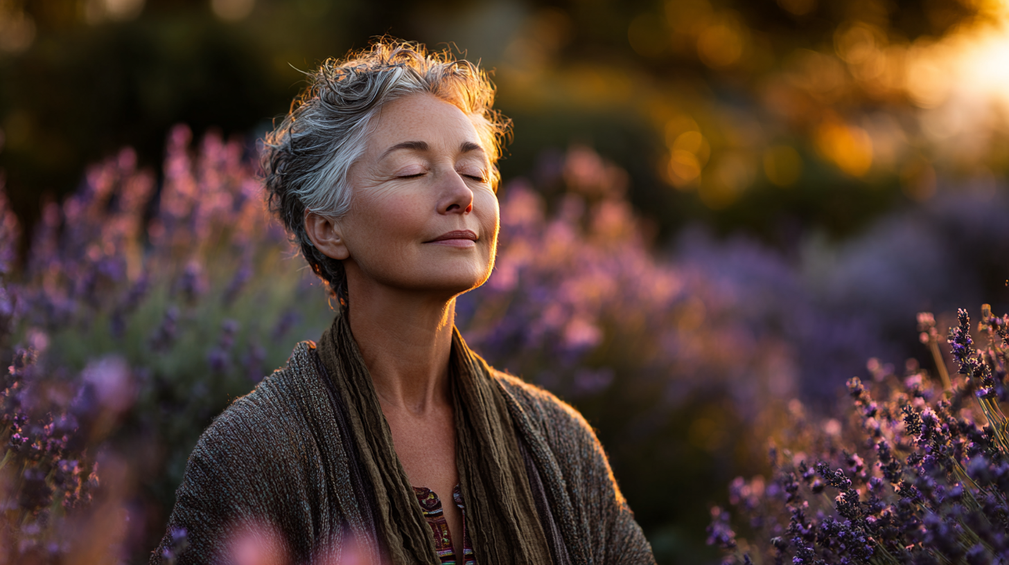 Жінка середнього віку практикує йогу в природному середовищі на березі озера